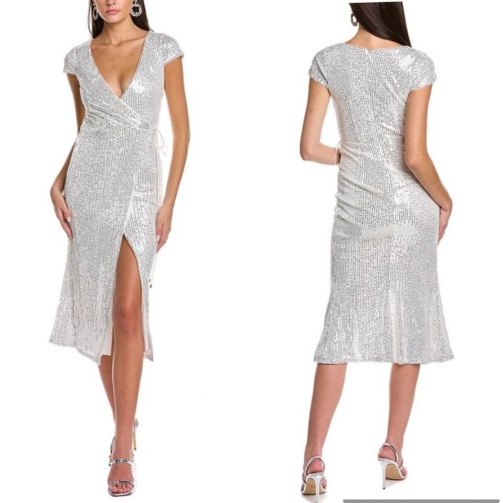 BLACK by Bariano Celine Sequin Midi Cap Sleeve Dress Size 8 Elegant Evening NWT